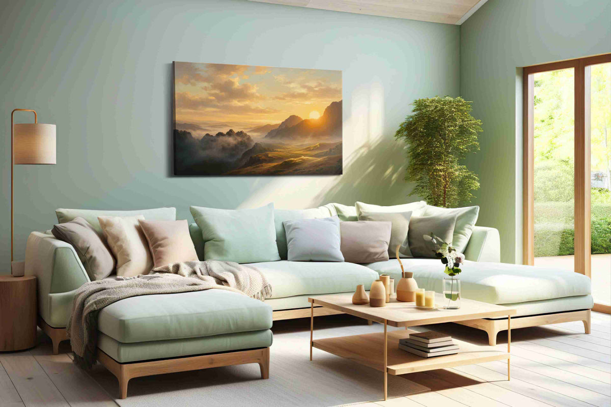 Eternal Dawn over Valleys landscape canvas print, hanging on wall
