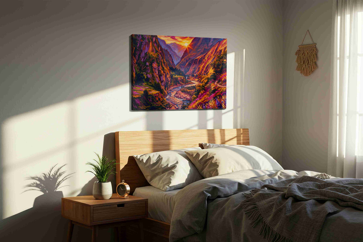 Eternal Twilight Valleys mountain canvas print, displayed in a bedroom