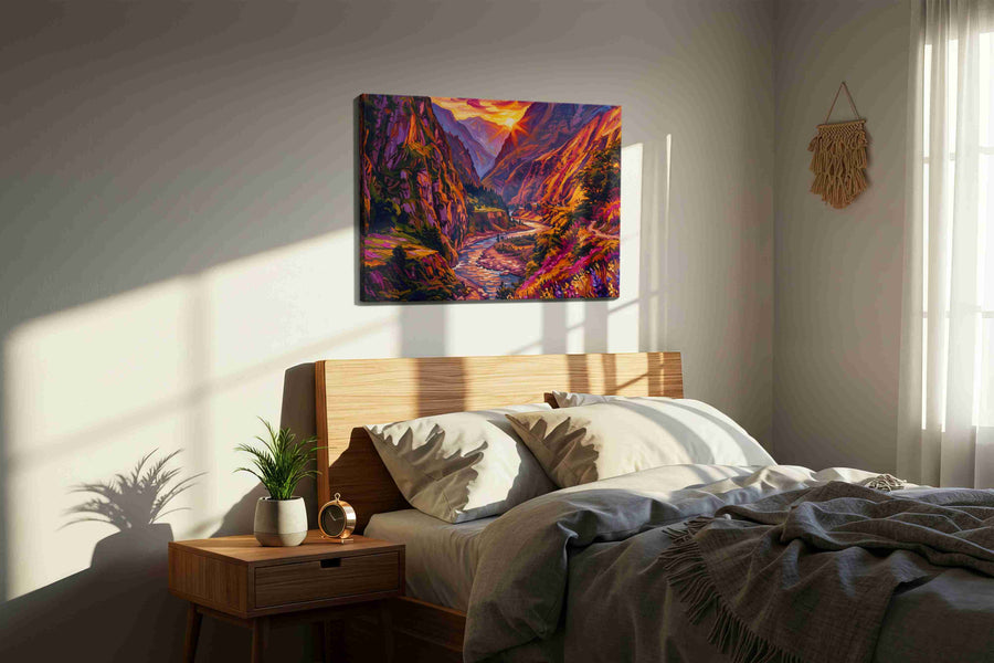Eternal Twilight Valleys mountain canvas print, displayed in a bedroom