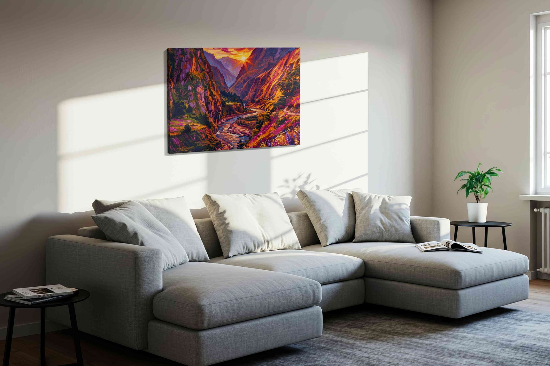 Eternal Twilight Valleys mountain canvas print, displayed in a living room