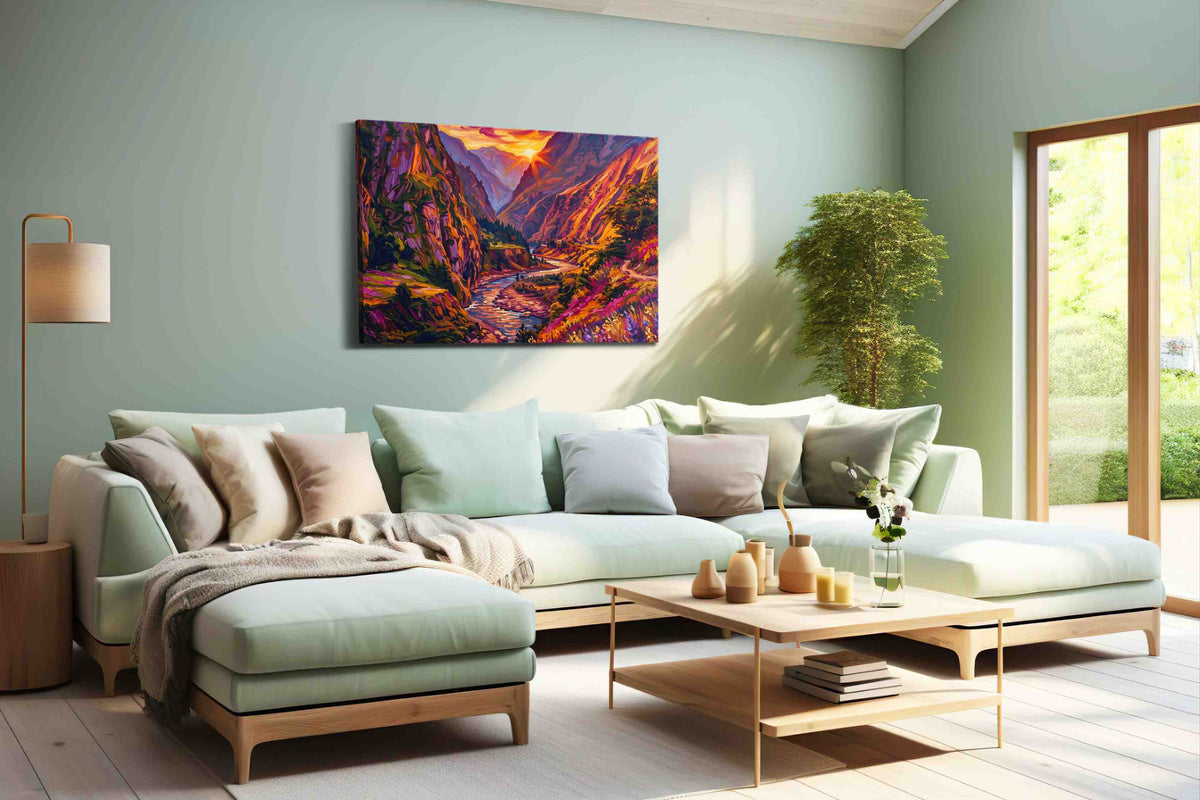 Eternal Twilight Valleys mountain canvas print, hanging on wall