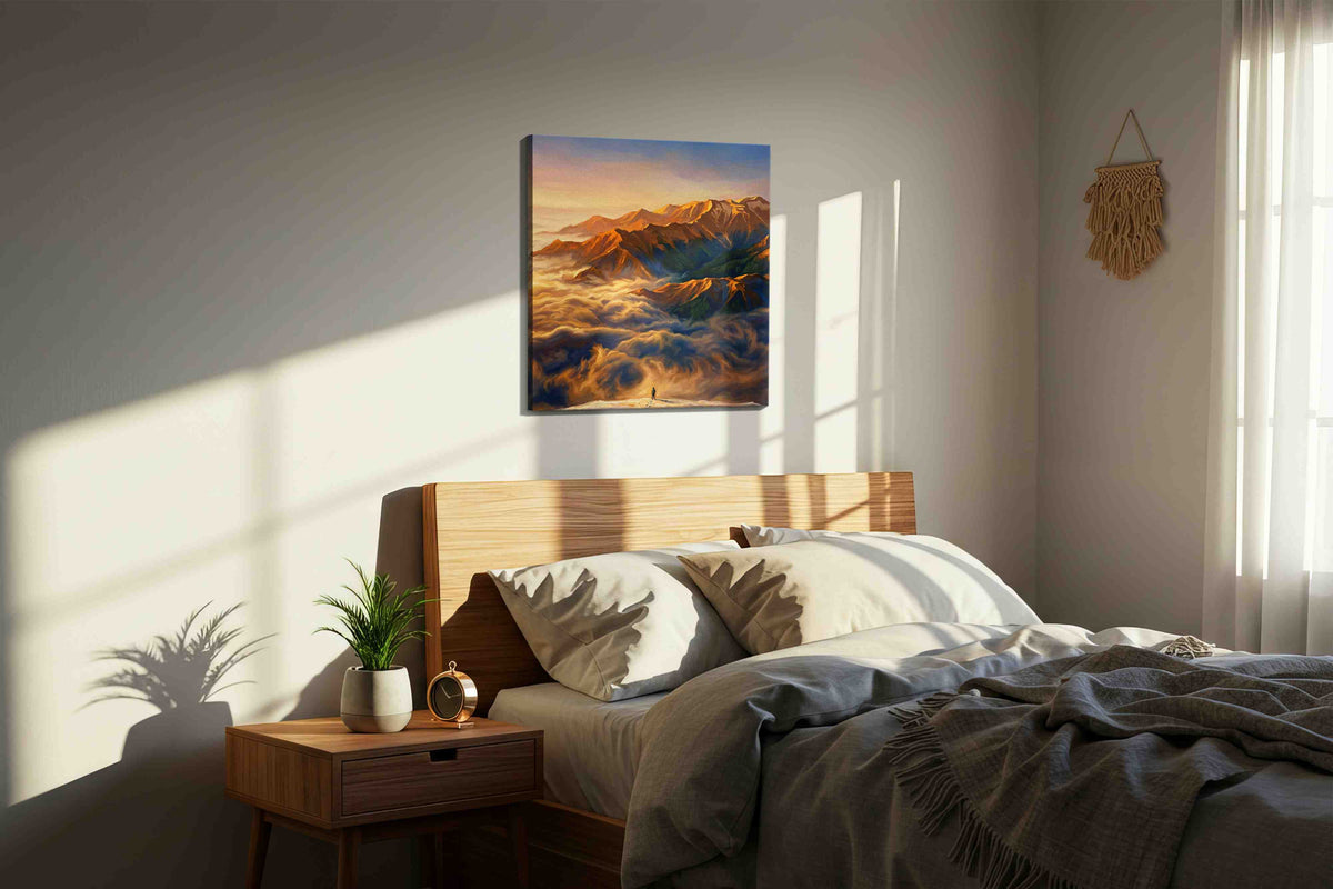 Journey Above the Clouds mountain canvas print, displayed in a bedroom