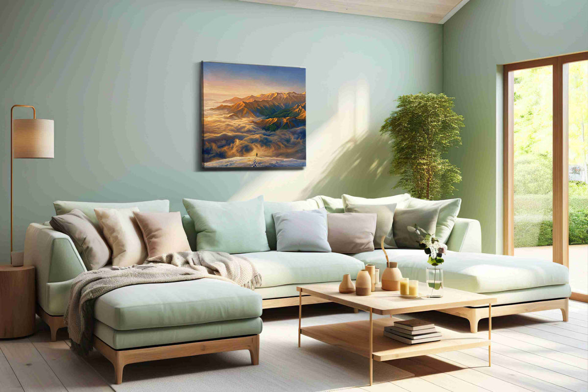 Journey Above the Clouds mountain canvas print, hanging on wall