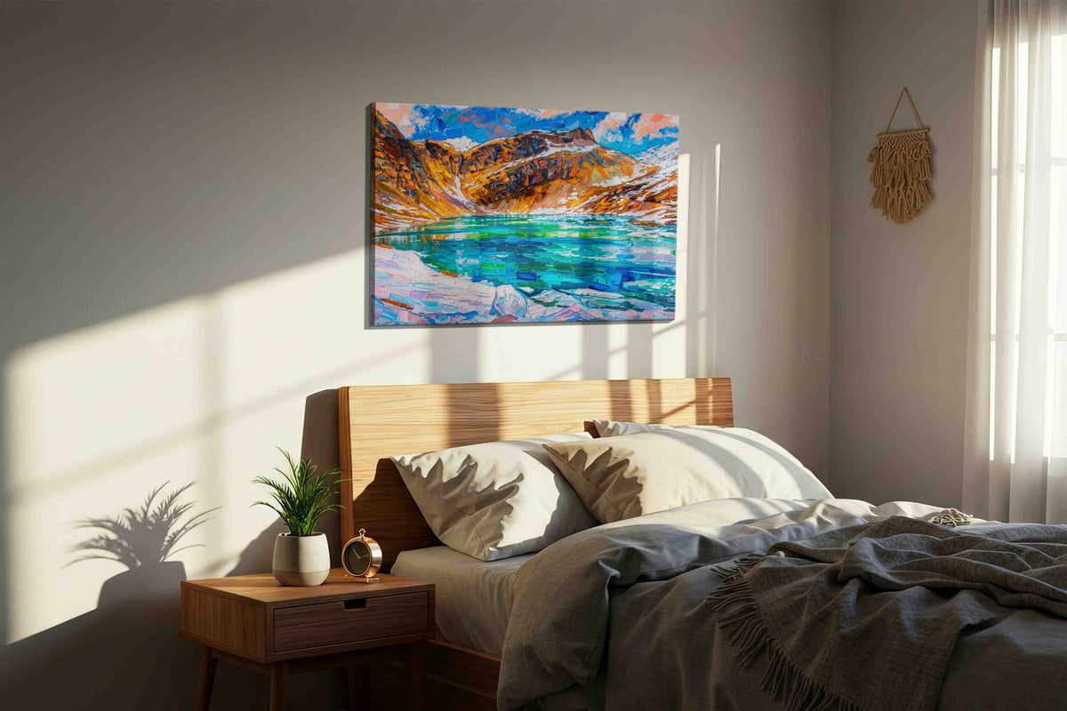 Prismatic Alpine Serenity landscape canvas print, displayed in a bedroom