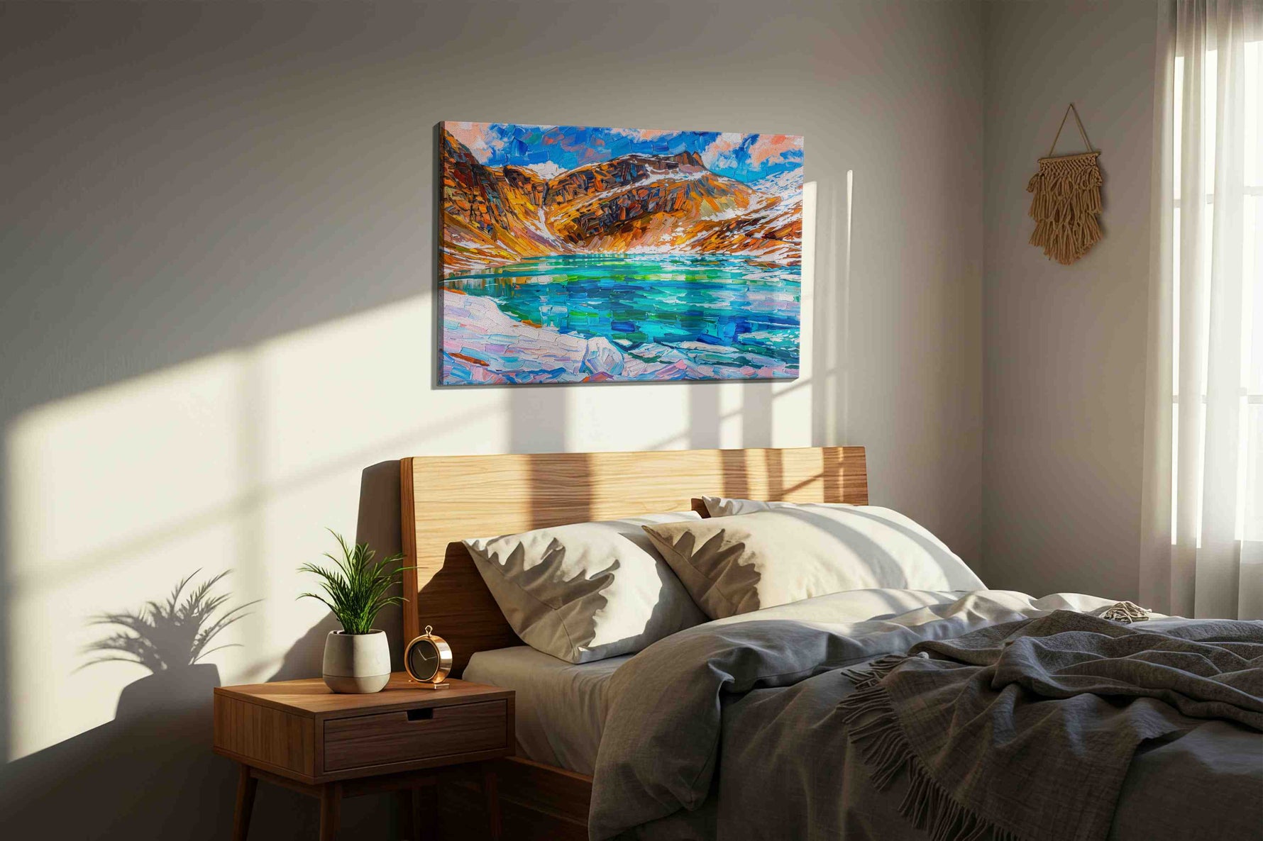 Prismatic Alpine Serenity landscape canvas print, displayed in a bedroom