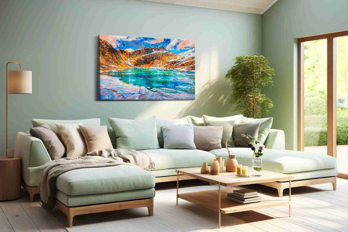 Prismatic Alpine Serenity landscape canvas print, hanging on wall