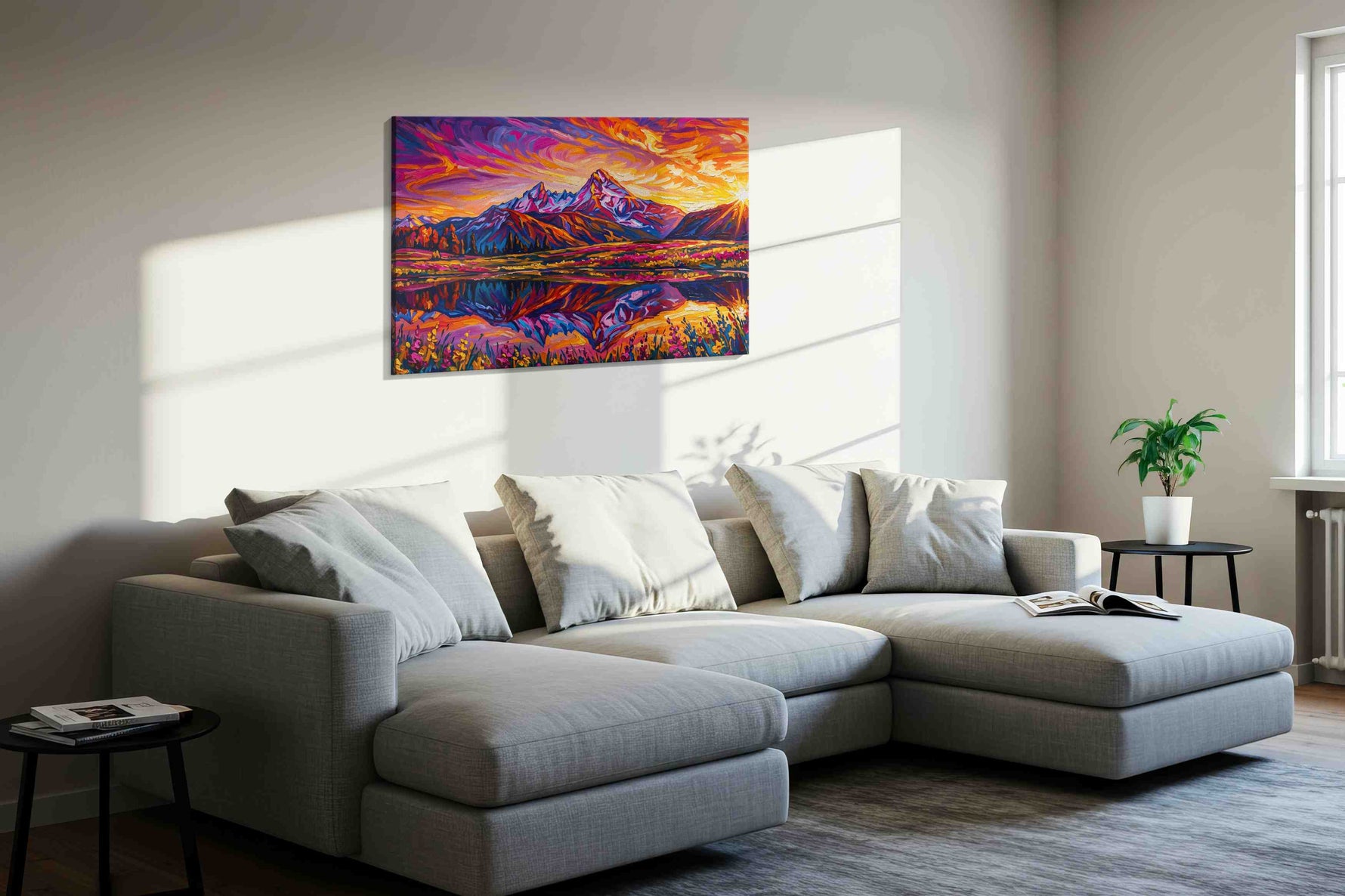 Radiant Peaks of Dusk mountain canvas print, displayed in a living room