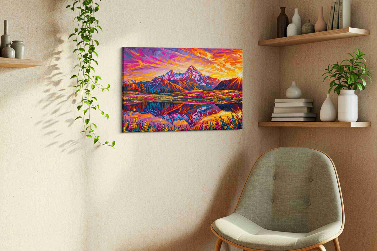 Radiant Peaks of Dusk mountain canvas print styled in a living room