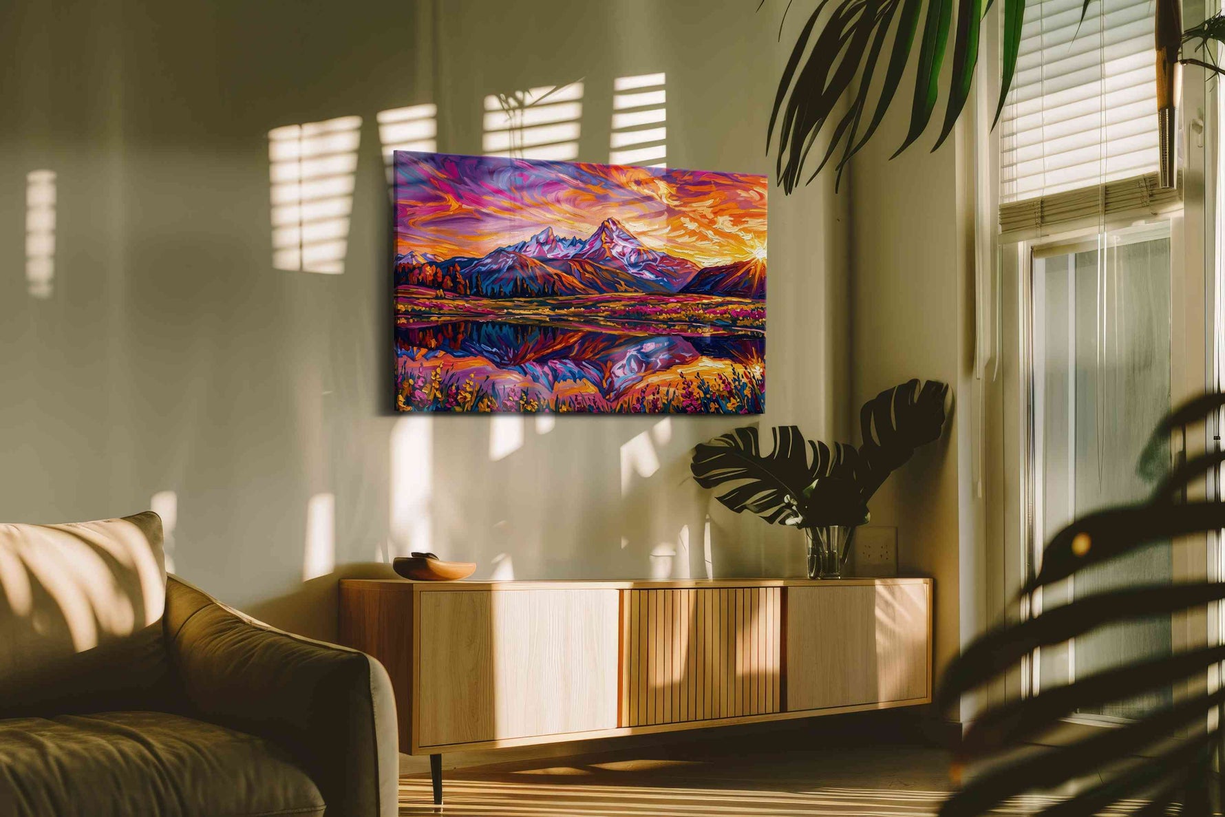 Radiant Peaks of Dusk mountain canvas print, on wall, lifestyle preview