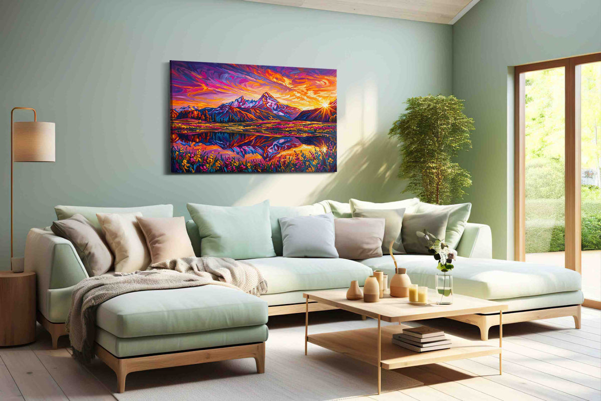Radiant Peaks of Dusk mountain canvas print, hanging on wall