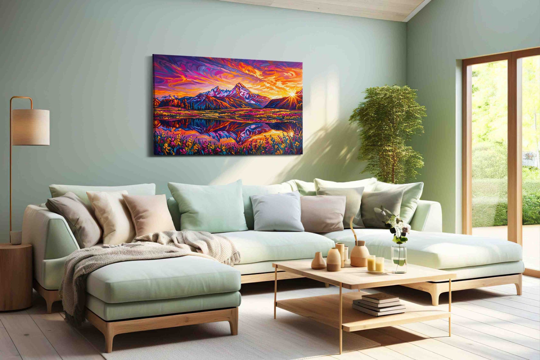 Radiant Peaks of Dusk mountain canvas print, hanging on wall