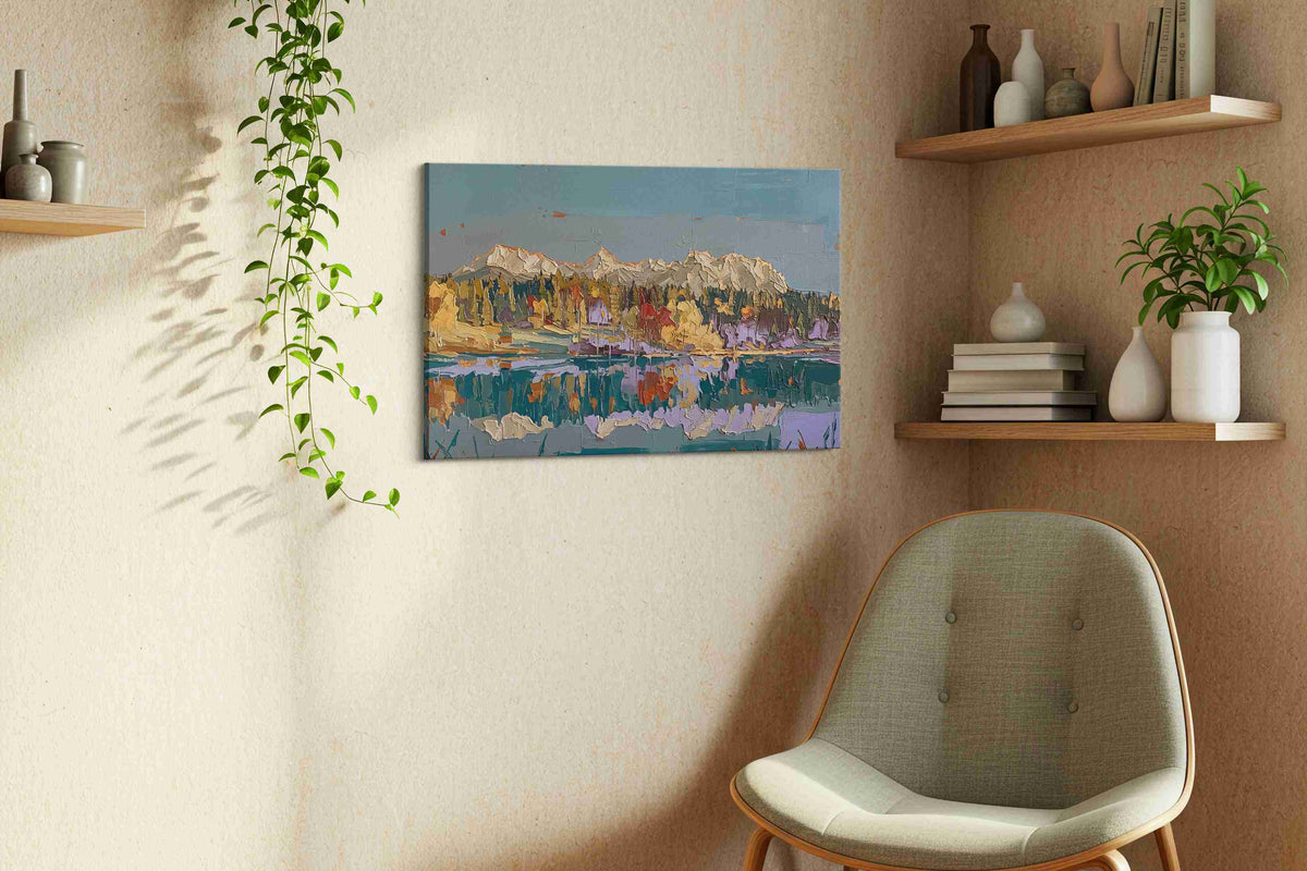 Reflections of Autumn Peaks landscape canvas print, hanging on wall — view 3