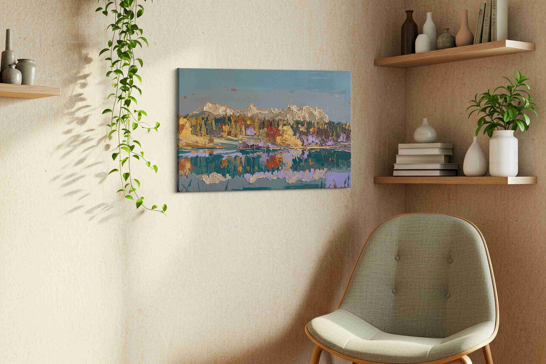 Reflections of Autumn Peaks landscape canvas print, hanging on wall — view 3