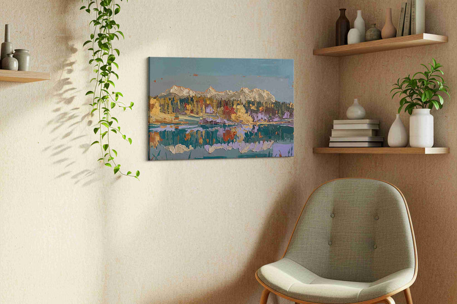 Reflections of Autumn Peaks landscape canvas print, hanging on wall — view 3