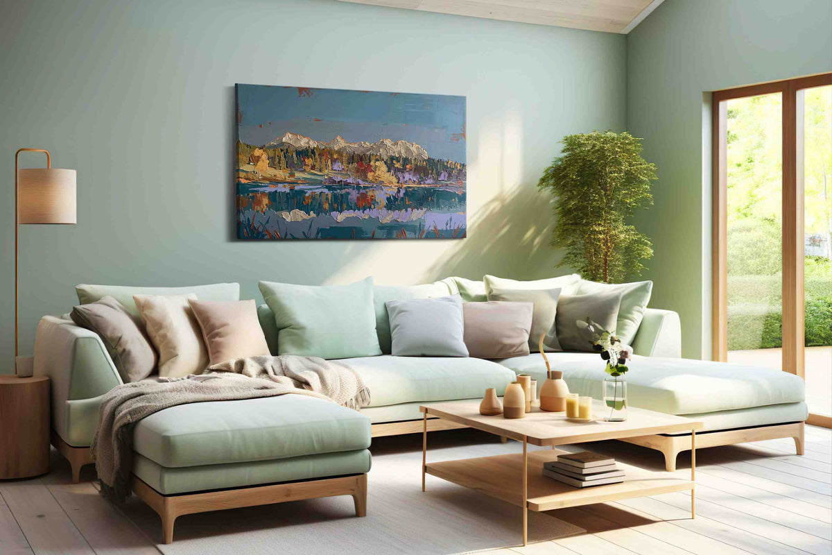 Reflections of Autumn Peaks landscape canvas print shown in a wall scene