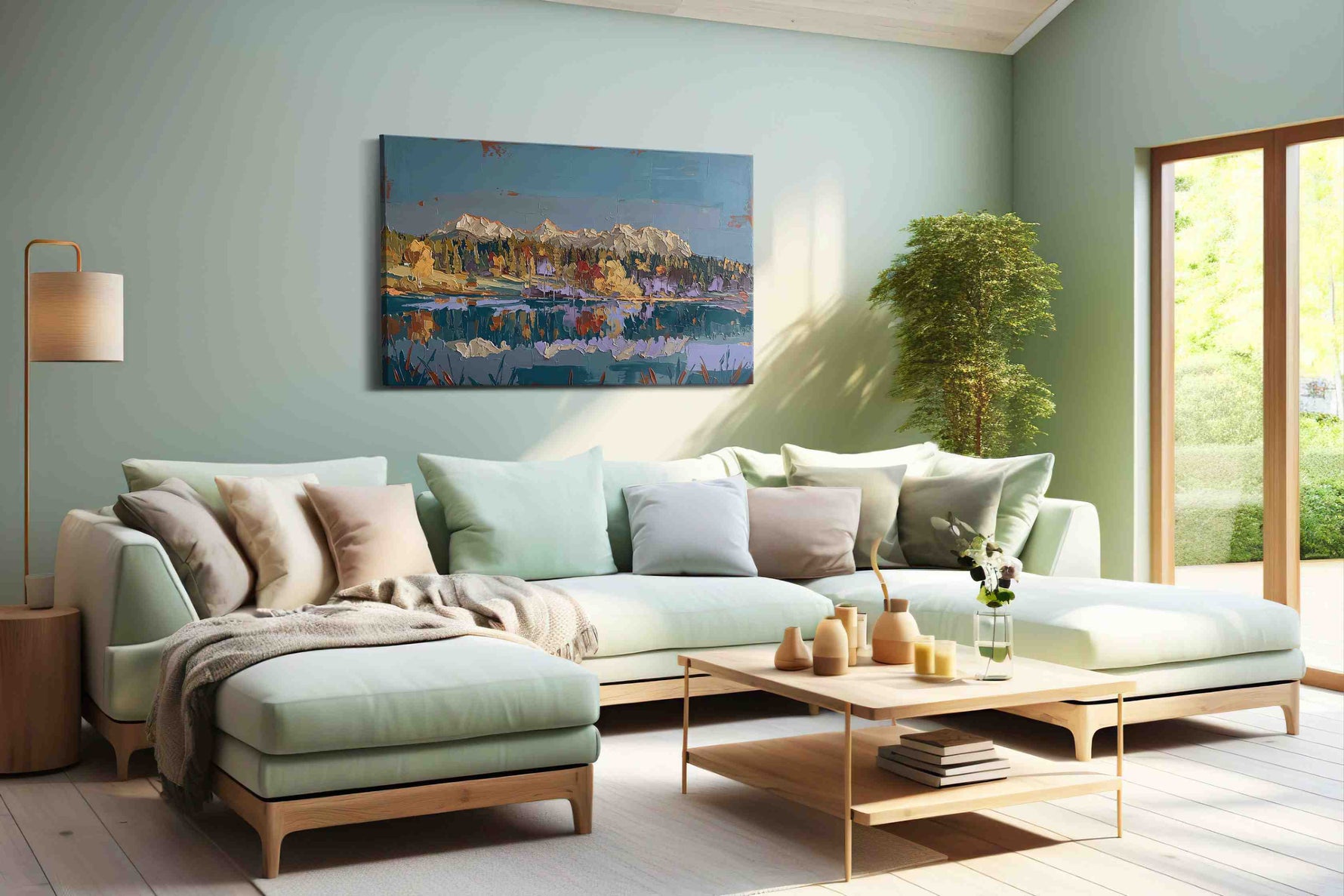 Reflections of Autumn Peaks landscape canvas print shown in a wall scene