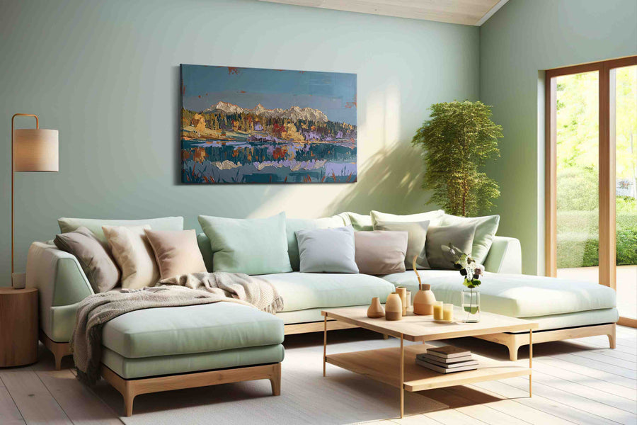 Reflections of Autumn Peaks landscape canvas print shown in a wall scene