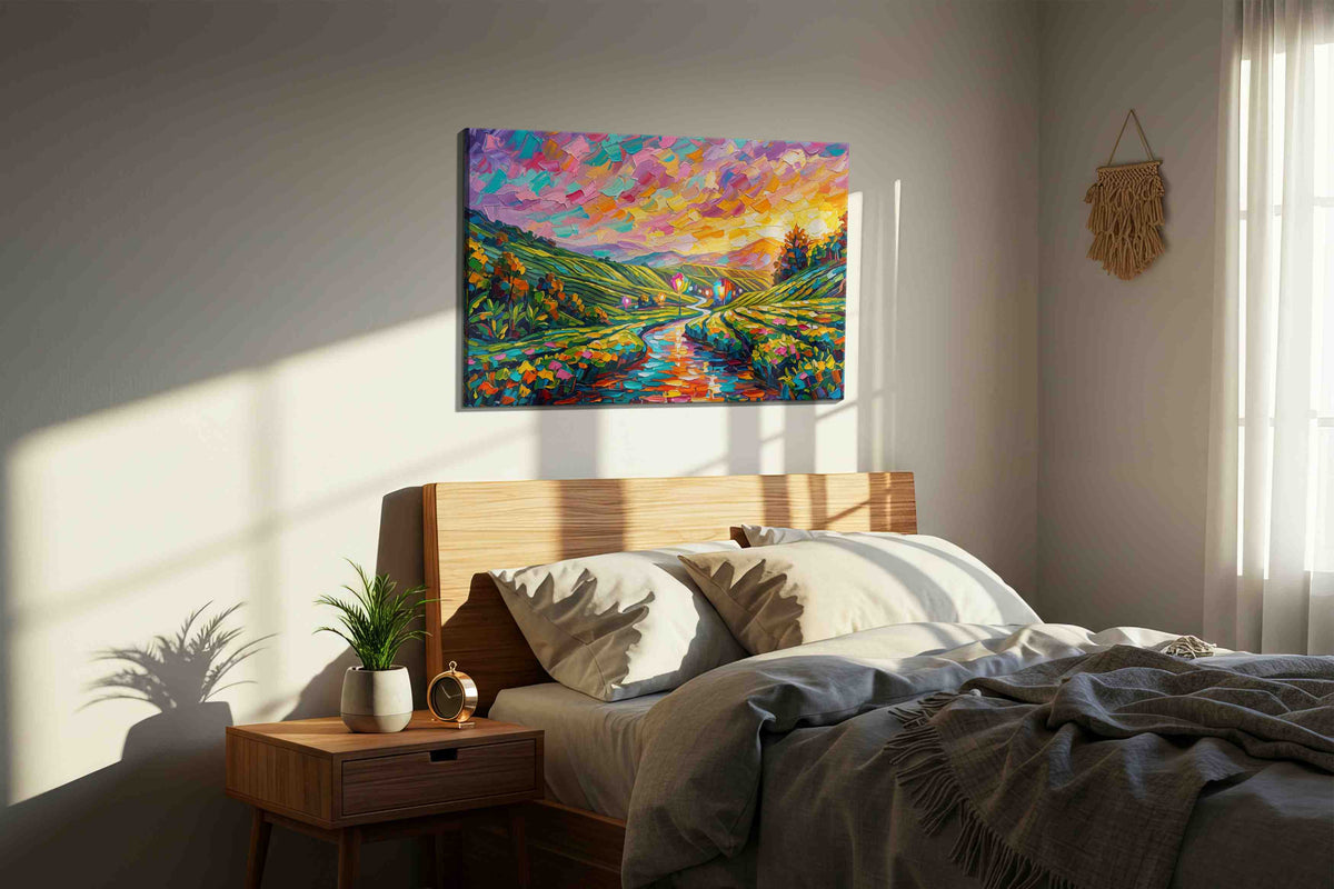 Vibrant Euphony at Sunset landscape canvas print, displayed in a bedroom