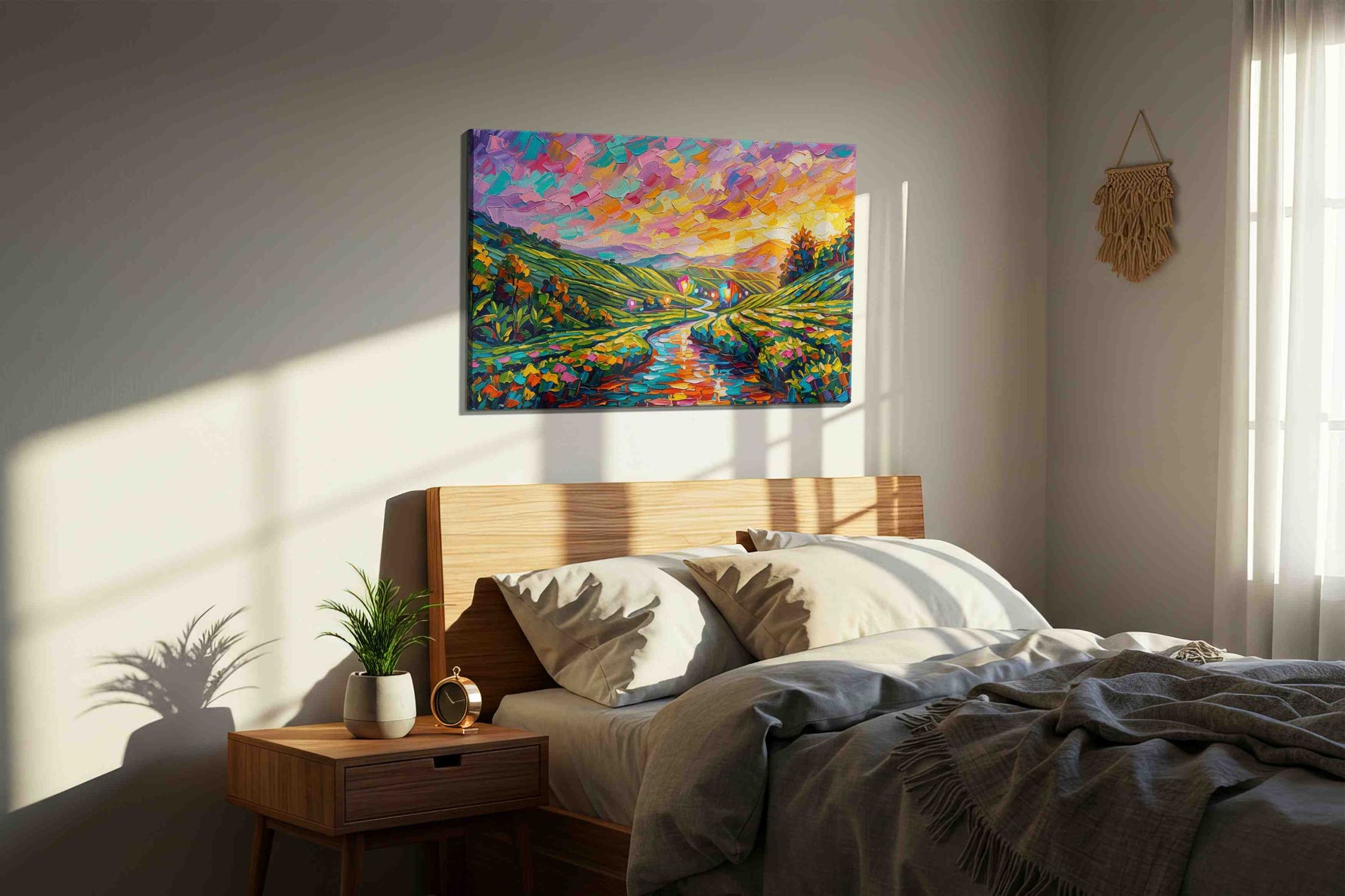 Vibrant Euphony at Sunset landscape canvas print, displayed in a bedroom