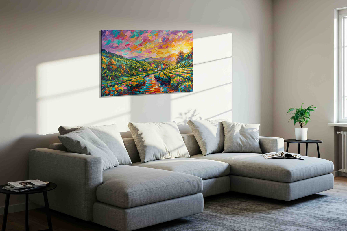 Vibrant Euphony at Sunset landscape canvas print in a living room scene