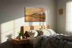 Whispers of a Golden Horizon landscape canvas print, displayed in a bedroom