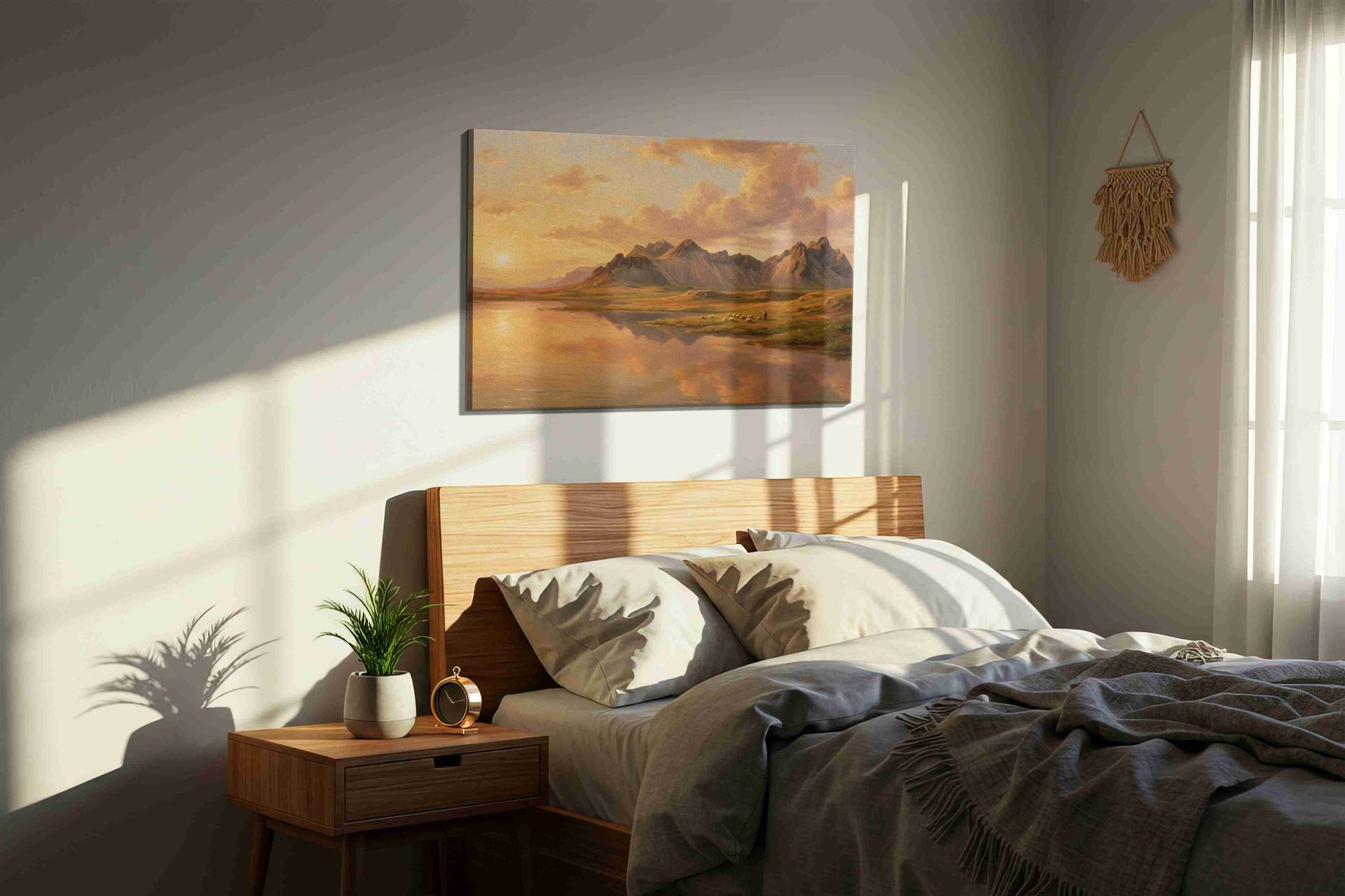 Whispers of a Golden Horizon landscape canvas print, displayed in a bedroom