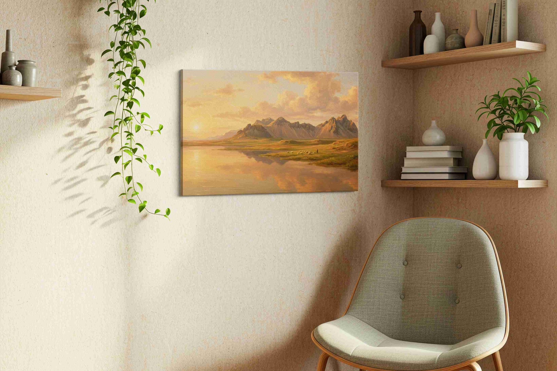 Whispers of a Golden Horizon landscape canvas print, hanging on wall — view 3