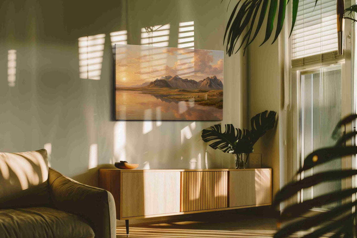 Whispers of a Golden Horizon landscape canvas print in a hung canvas mockup