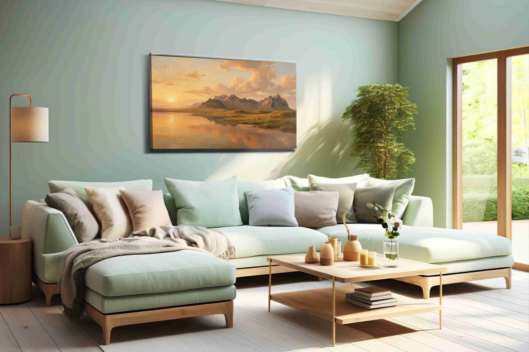 Whispers of a Golden Horizon landscape canvas print, hanging on wall