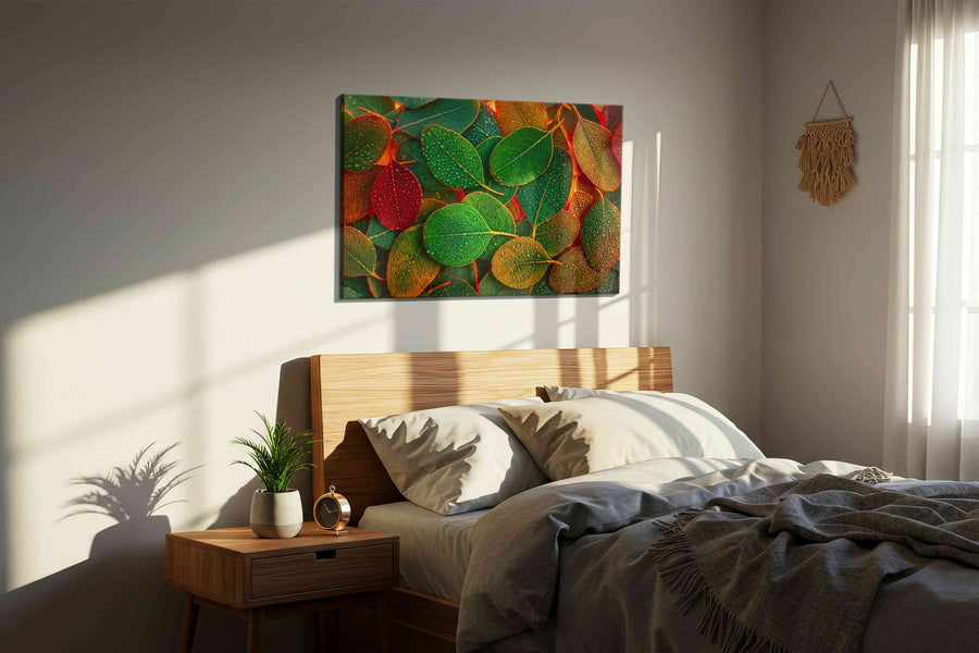 Dew-Kissed Autumn Serenade leaves canvas print, displayed in a bedroom