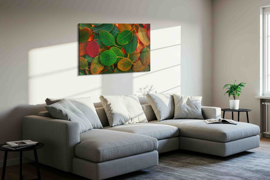 Dew-Kissed Autumn Serenade leaves canvas print, displayed in a living room