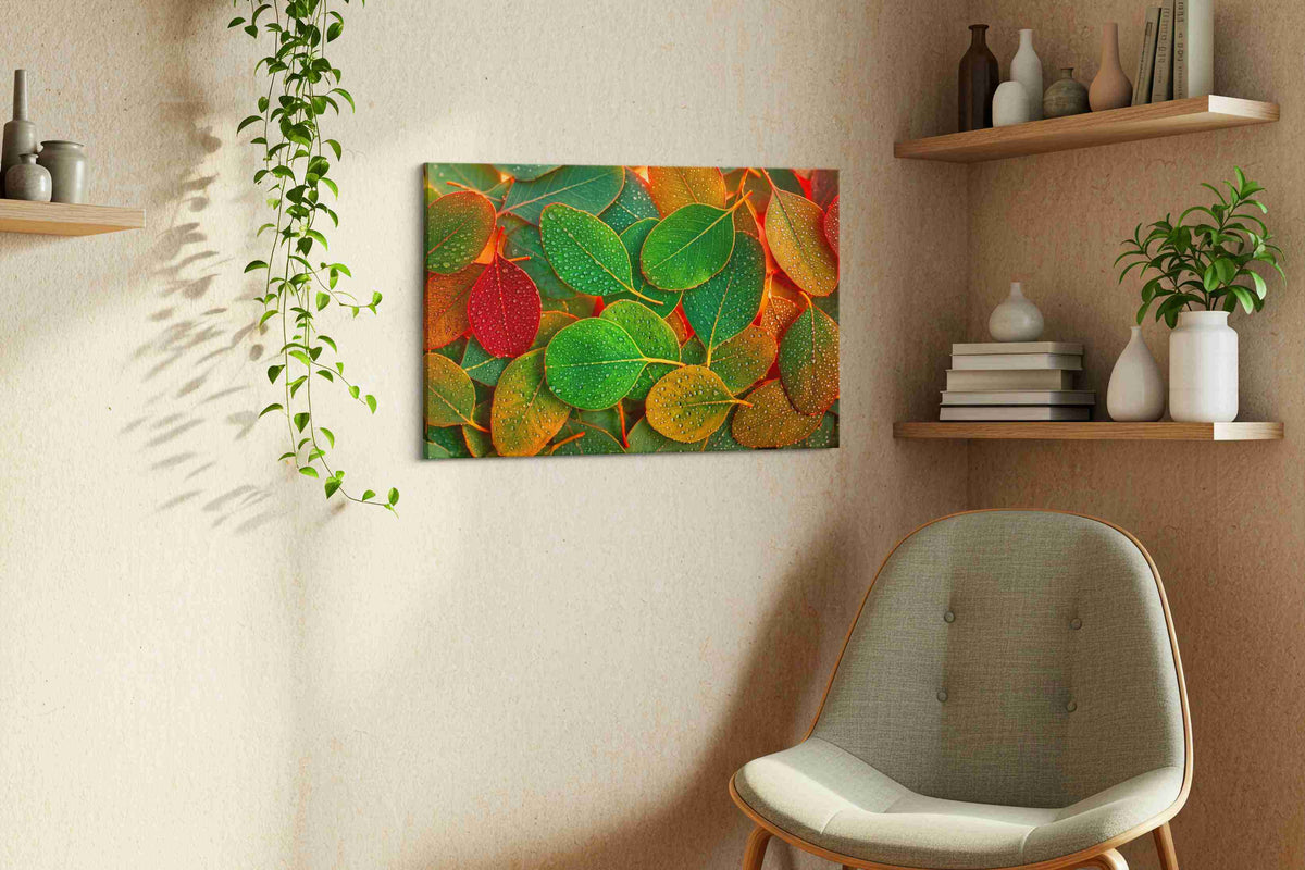 Dew-Kissed Autumn Serenade leaves canvas print styled in a living room