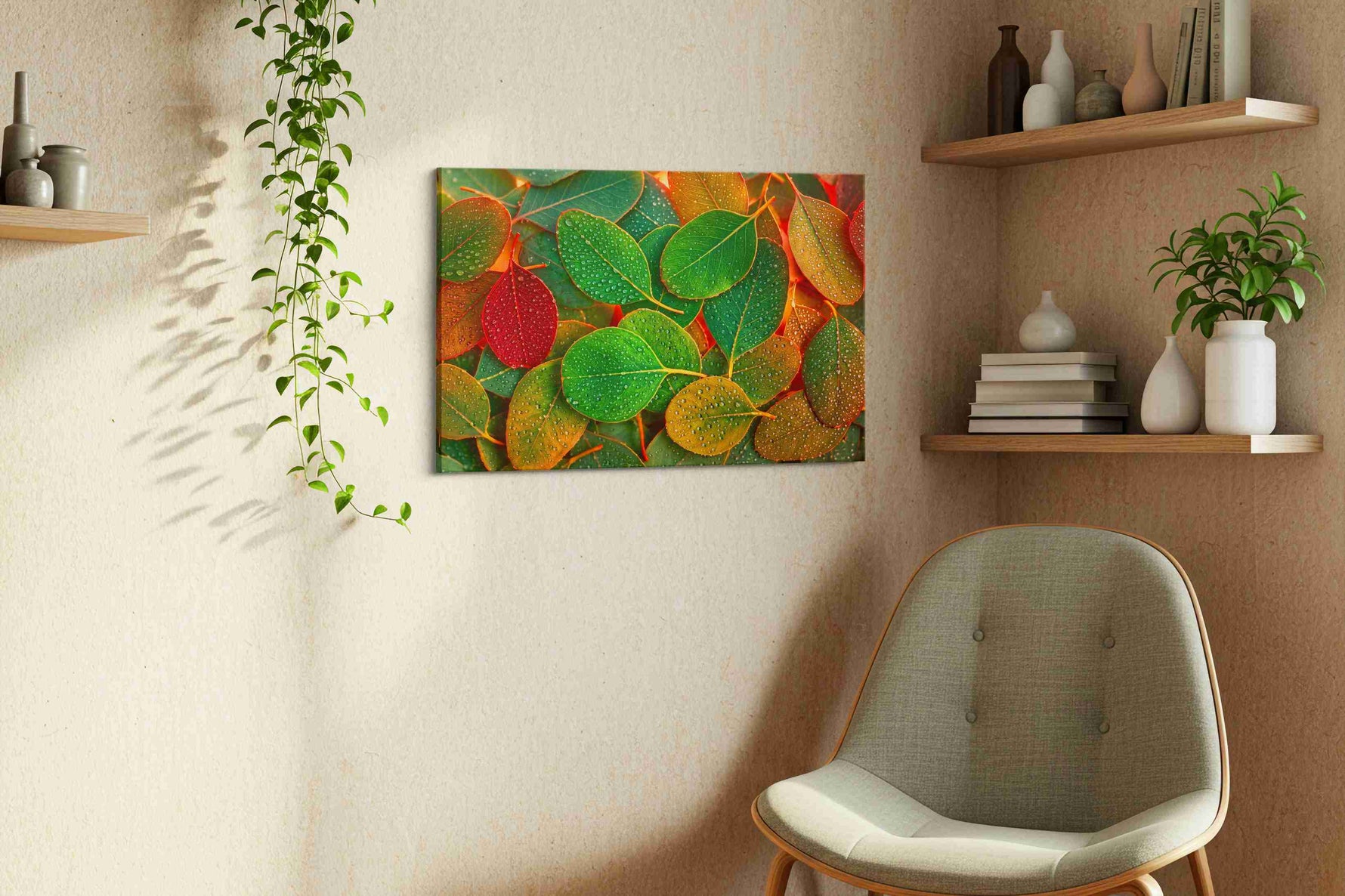 Dew-Kissed Autumn Serenade leaves canvas print styled in a living room