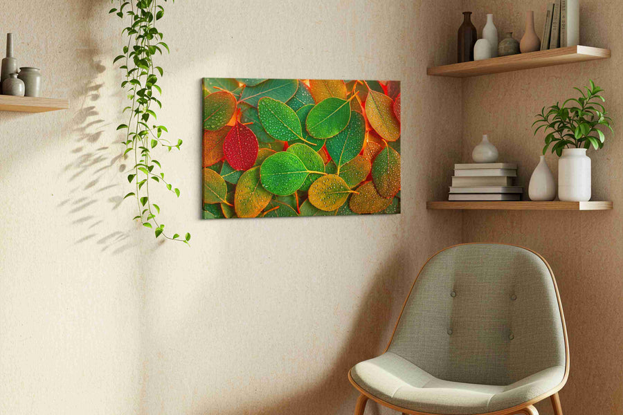 Dew-Kissed Autumn Serenade leaves canvas print styled in a living room