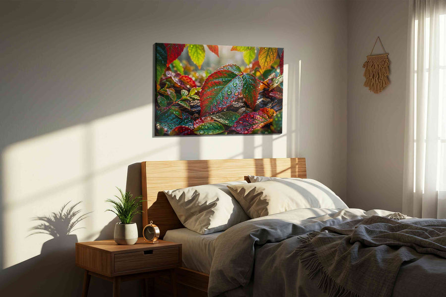 Dew-Kissed Autumn Symphony leaves canvas print, displayed in a bedroom