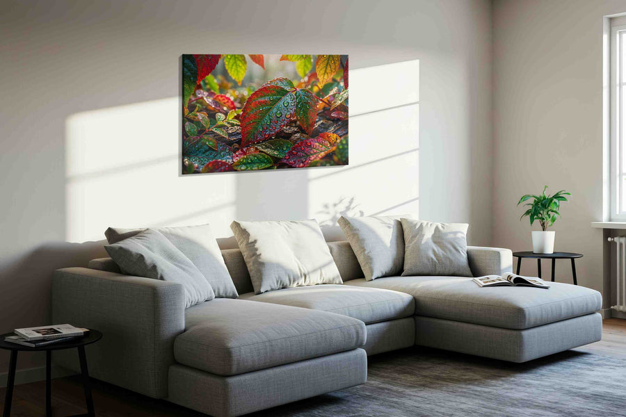 Dew-Kissed Autumn Symphony leaves canvas print styled in a living room
