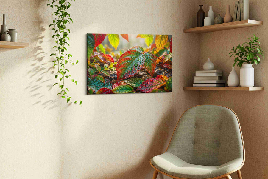 Dew-Kissed Autumn Symphony leaves canvas print, displayed in a living room