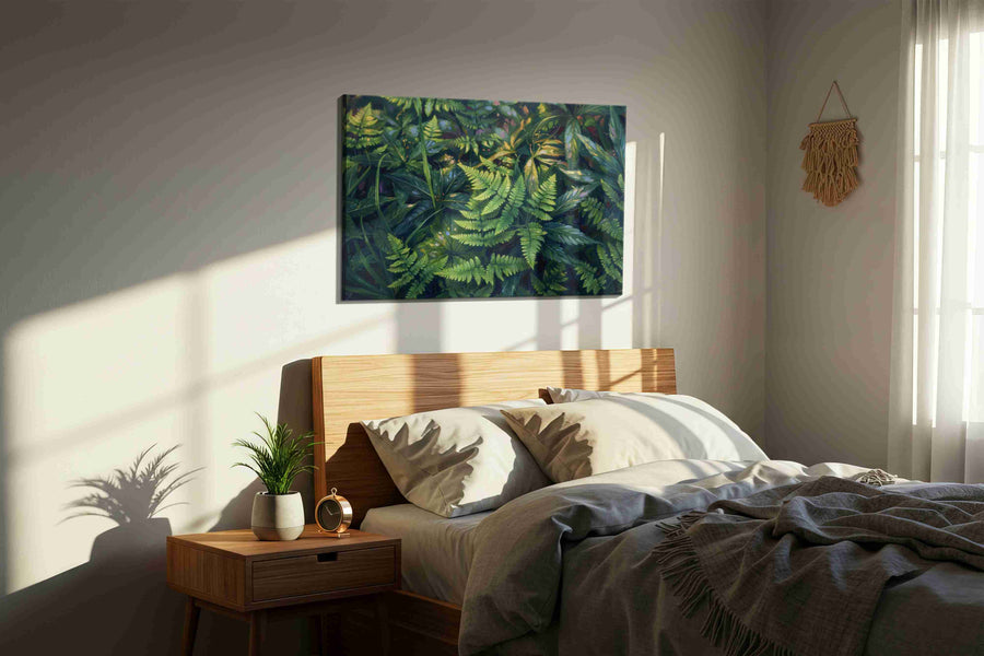 Lush Serenity leaves canvas print, displayed in a bedroom
