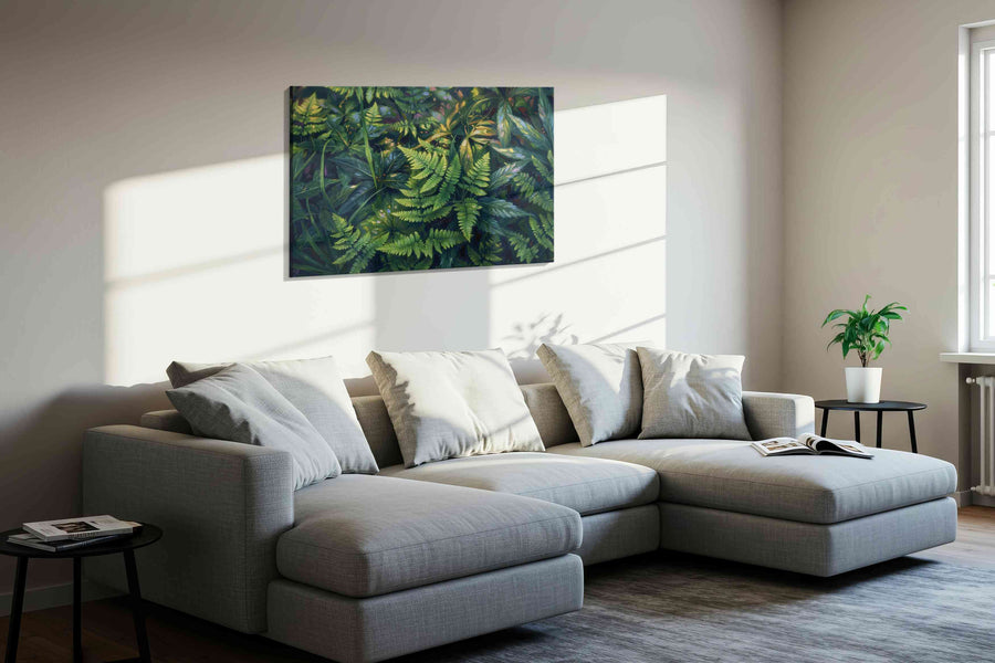Lush Serenity leaves canvas print, displayed in a living room