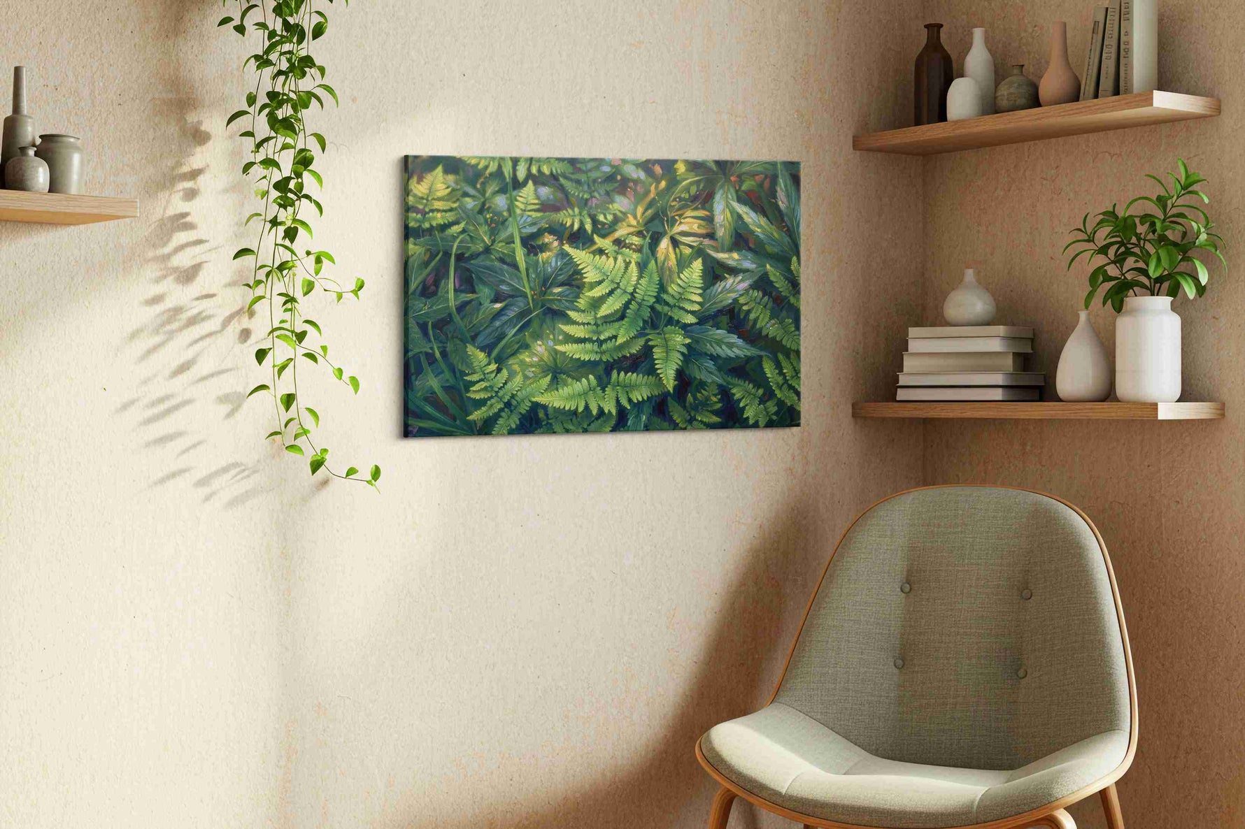 Lush Serenity leaves canvas print in a living room scene