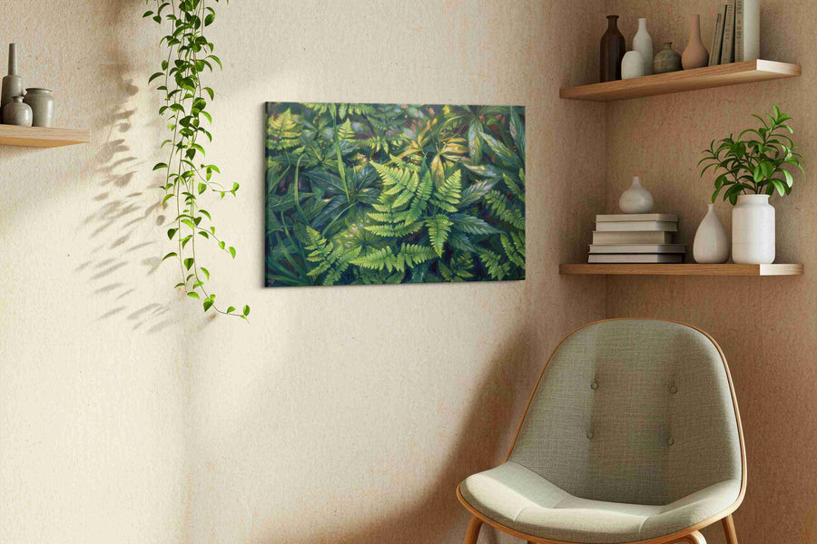 Lush Serenity leaves canvas print in a living room scene