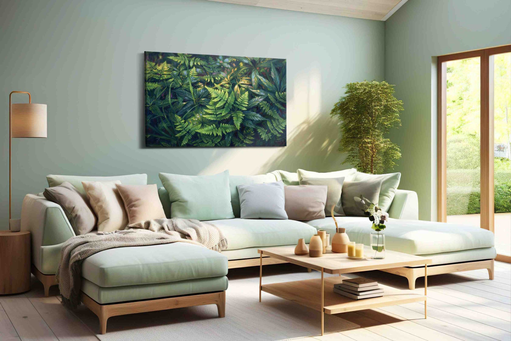 Lush Serenity leaves canvas print, hanging on wall
