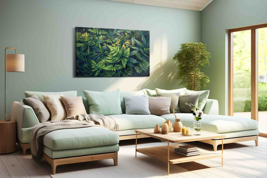 Lush Serenity leaves canvas print, hanging on wall