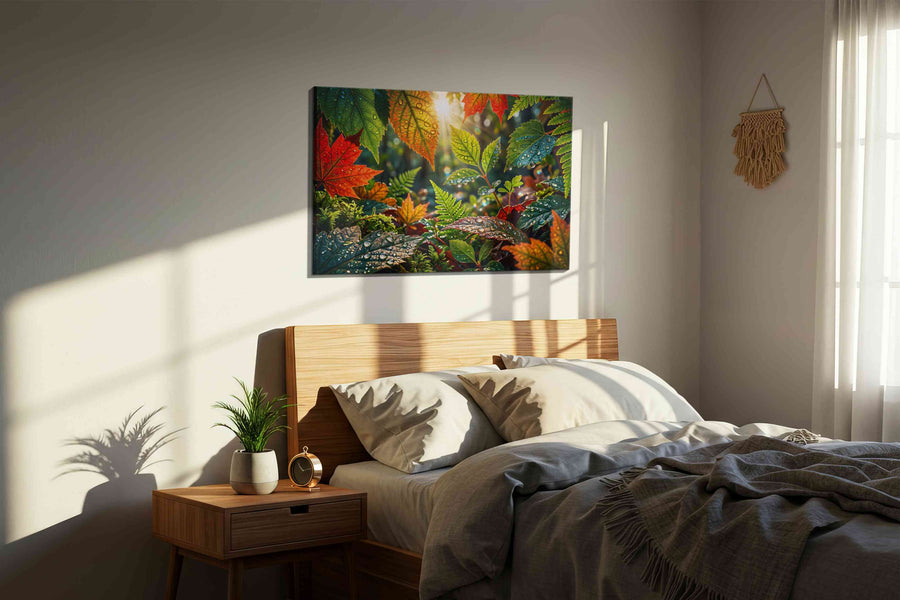 Sunlit Symphony in Leaves leaves canvas print, displayed in a bedroom