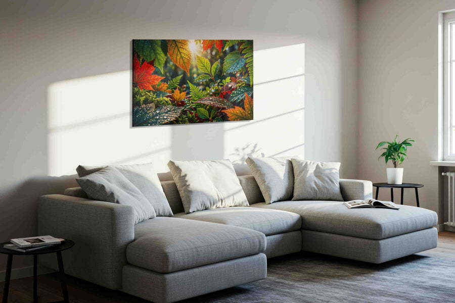 Sunlit Symphony in Leaves leaves canvas print in a living room scene