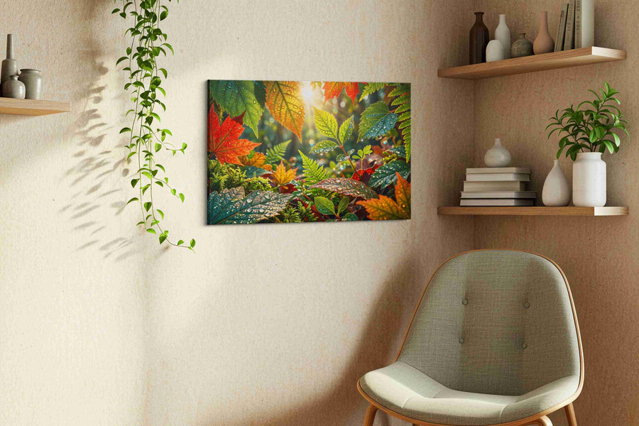 Sunlit Symphony in Leaves leaves canvas print, displayed in a living room