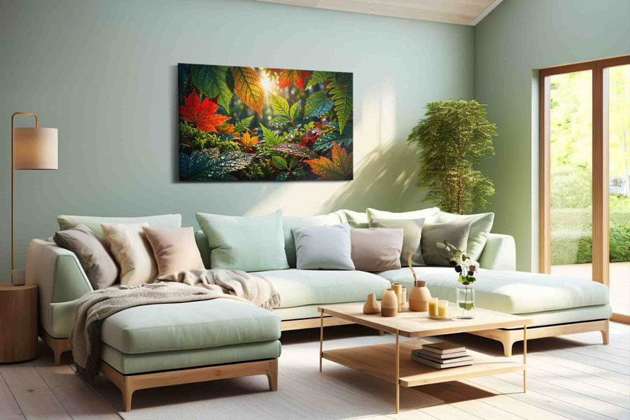 Sunlit Symphony in Leaves leaves canvas print, hanging on wall