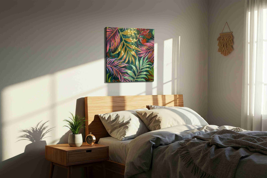 Tropical Whispers leaves canvas print, displayed in a bedroom