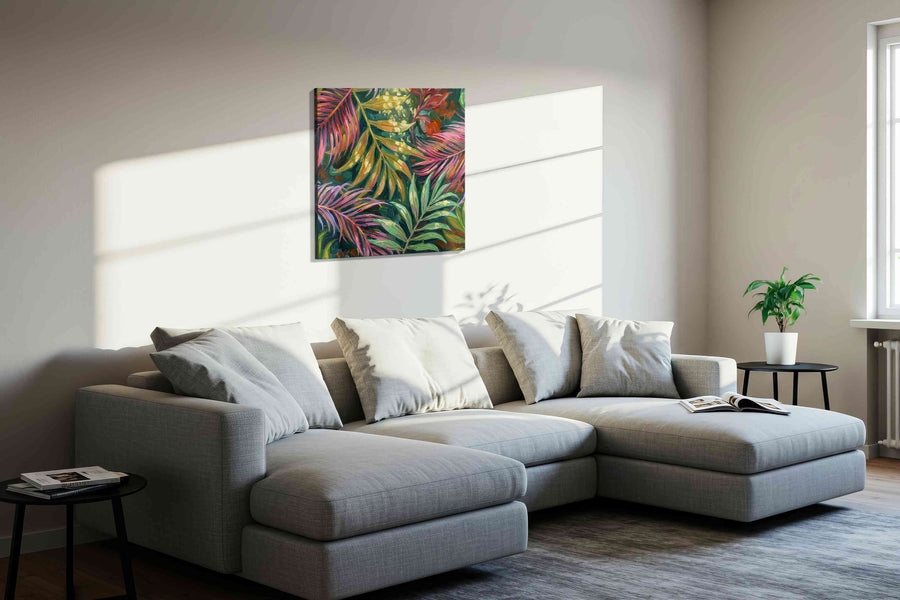 Tropical Whispers leaves canvas print, displayed in a living room