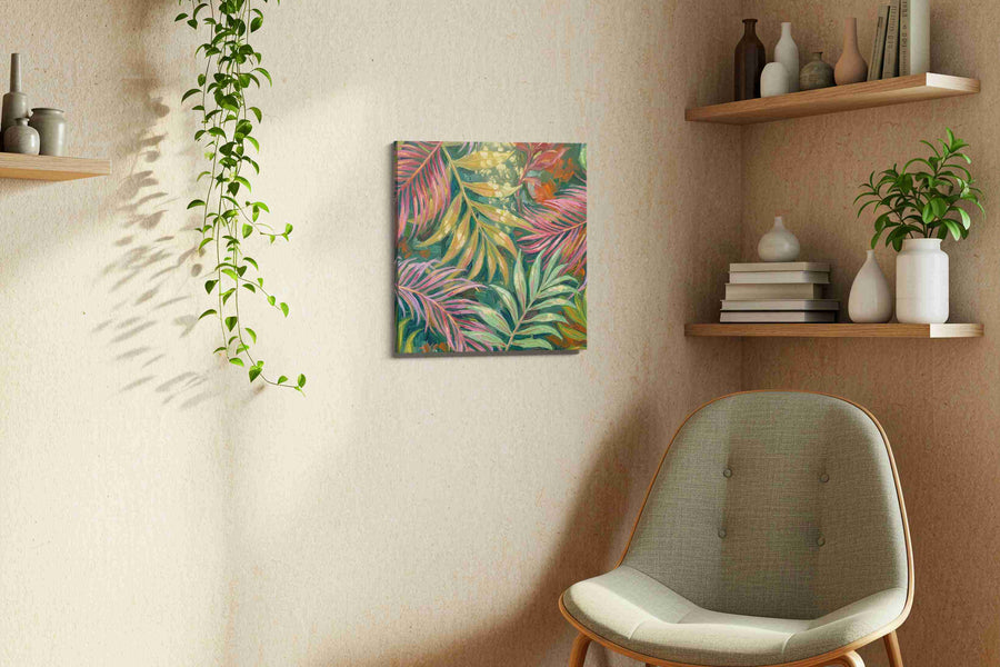 Tropical Whispers leaves canvas print in a living room scene